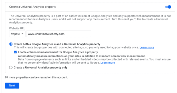 create a universal analytics property with website URL
