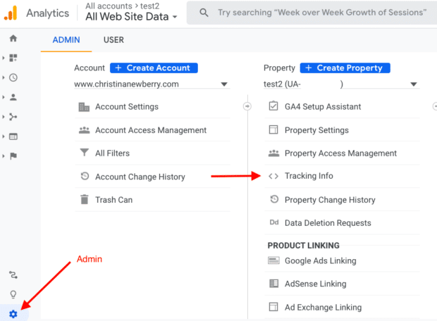 Google Analytics Admin tracking info