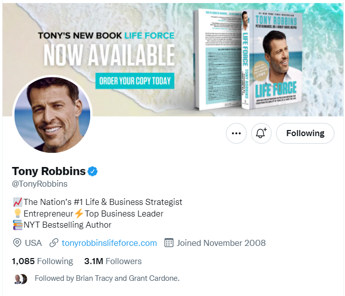 Twitter profile of Tony Robbins