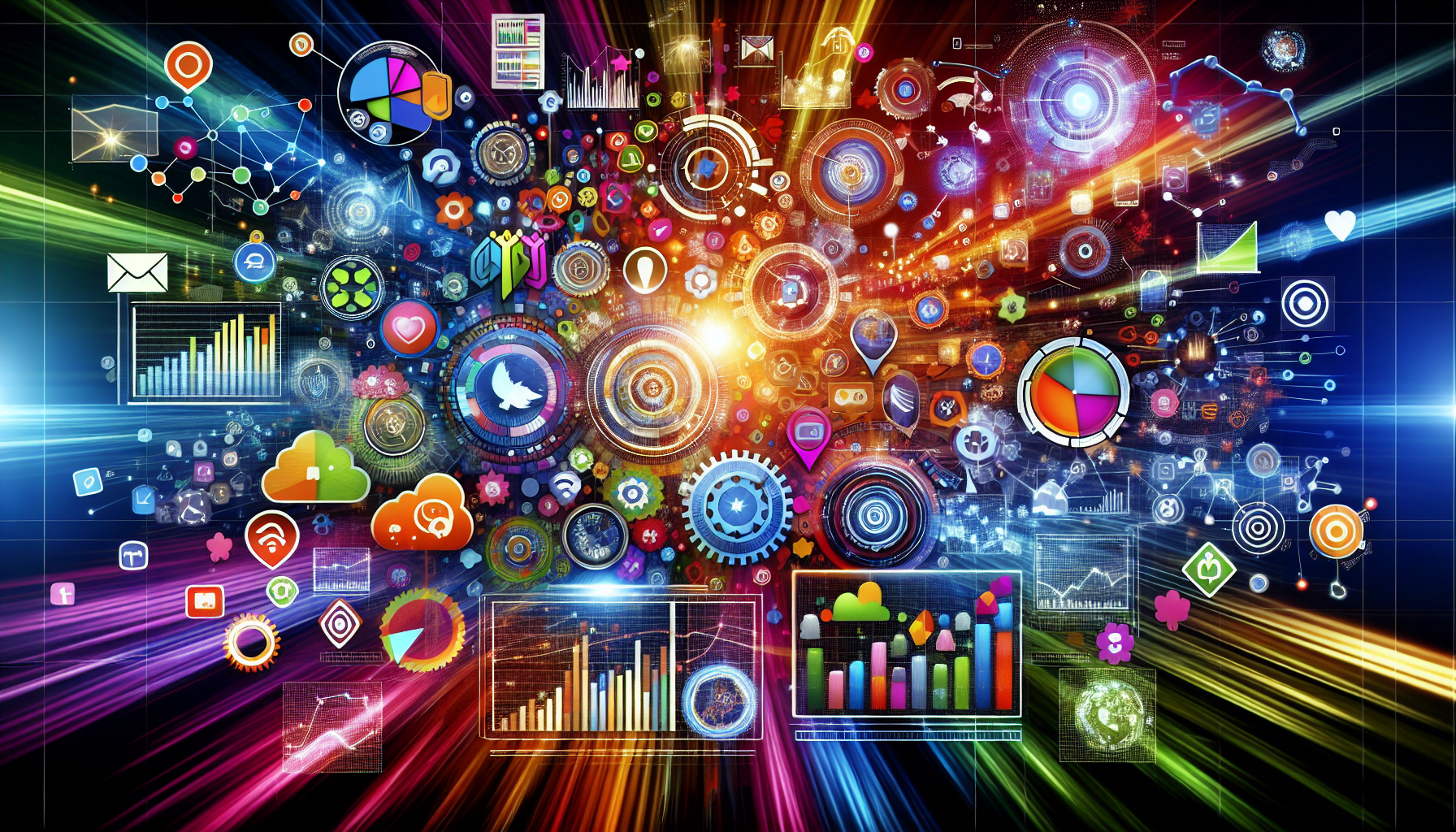 An illustration showing tools and analytics used in social media marketing.