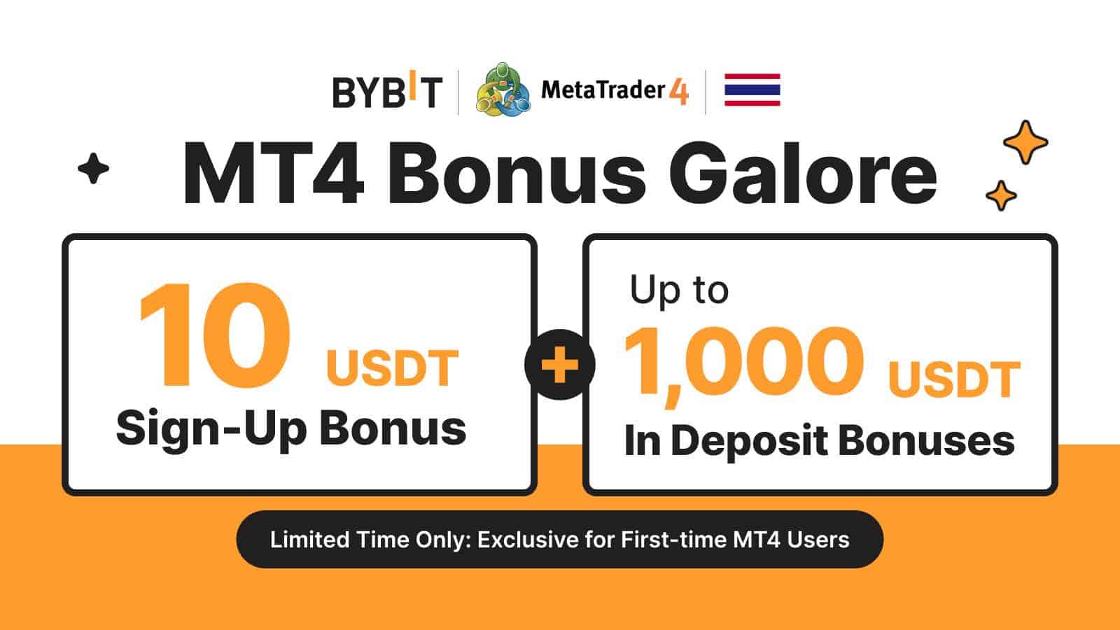 Bybit Announcement | [Thailand Exclusive] MT4 Bonus Galore: 10 USDT Sign-Up Bonus + Up to 1,000 USDT in Deposit Bonuses!