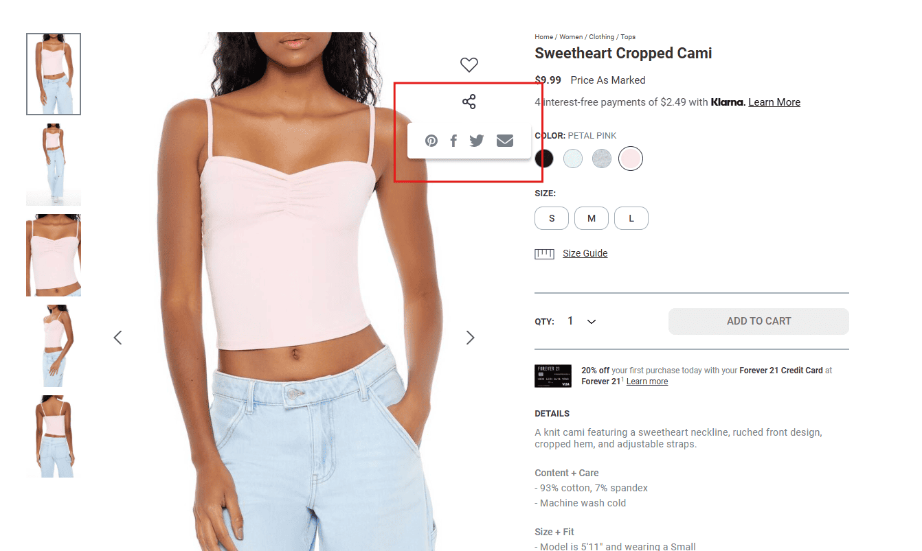 Screenshot of Forever 21's product with social media buttons