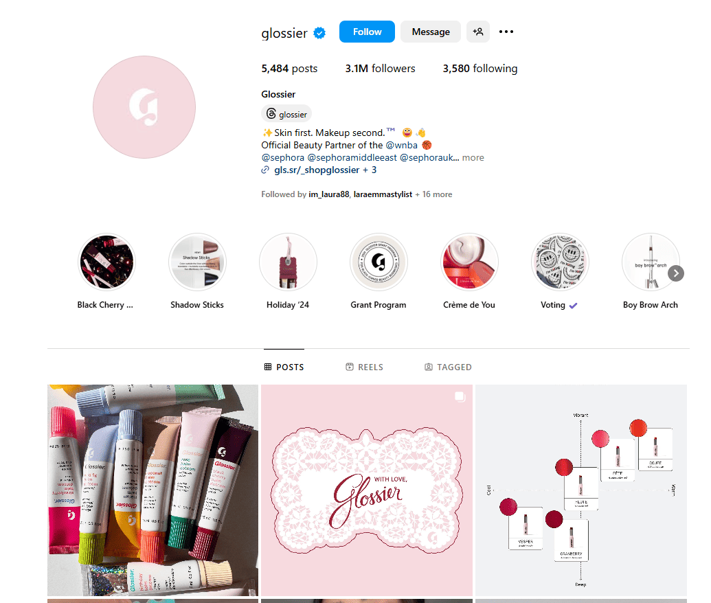 Screenshot of Glossier's Instagram page.