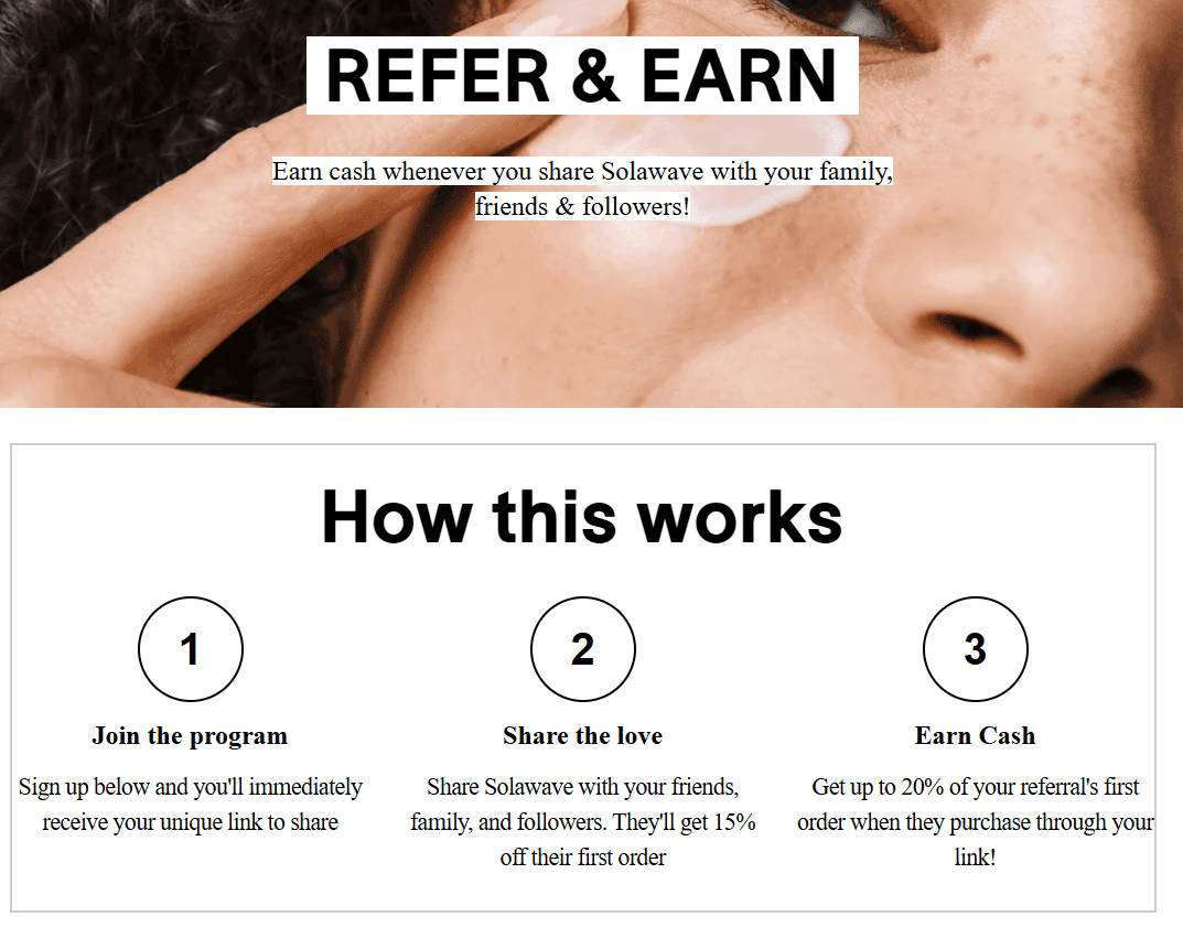 Screenshot of Solawave's Refer & Earn program page