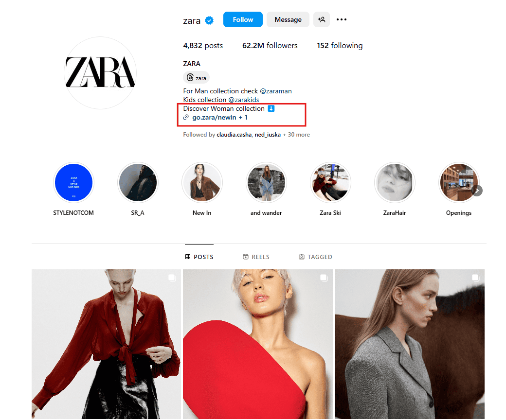 Screenshot of Zara's Instagram page with "Discover Woman Collection" CTA.