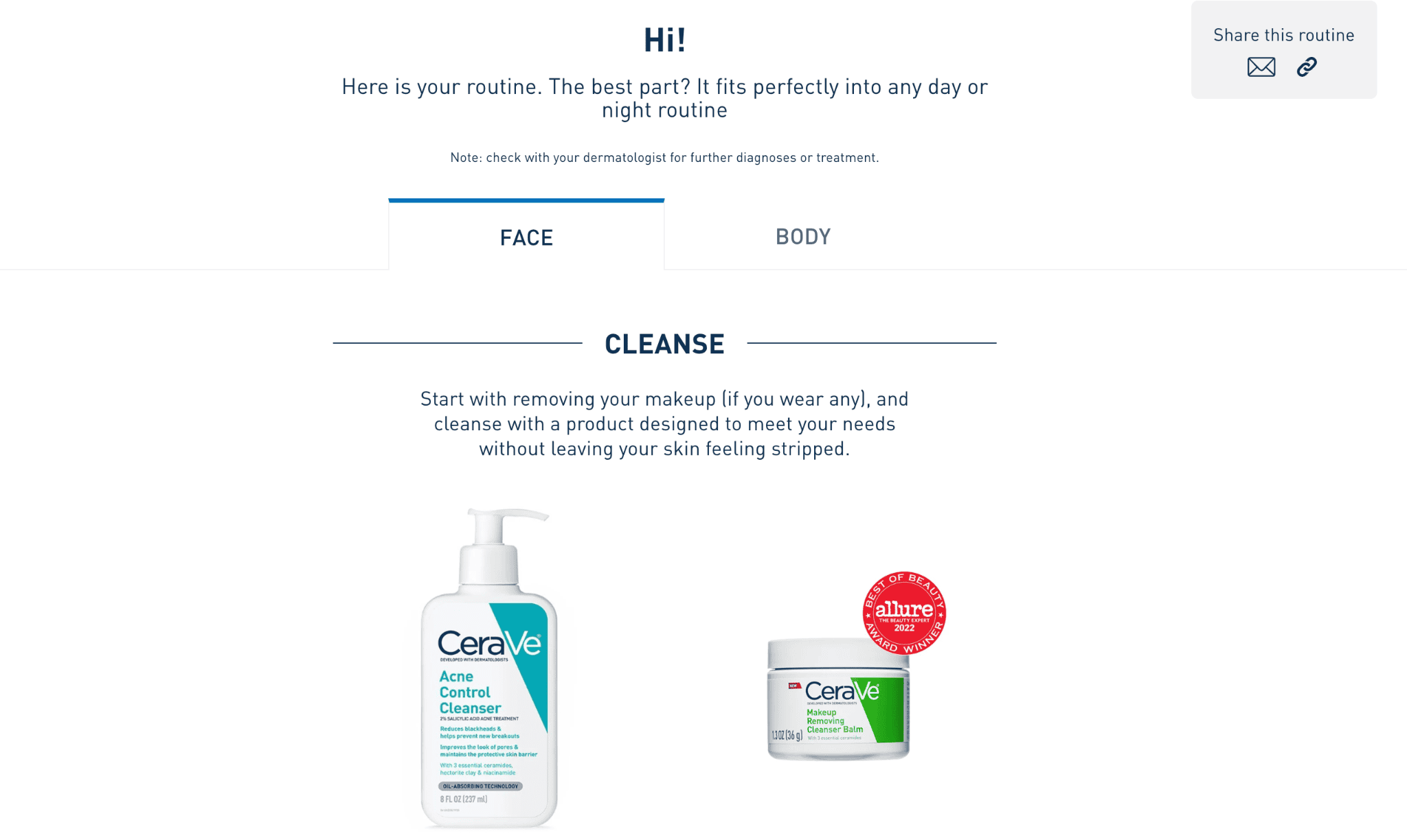 CeraVe quiz results with recommendations