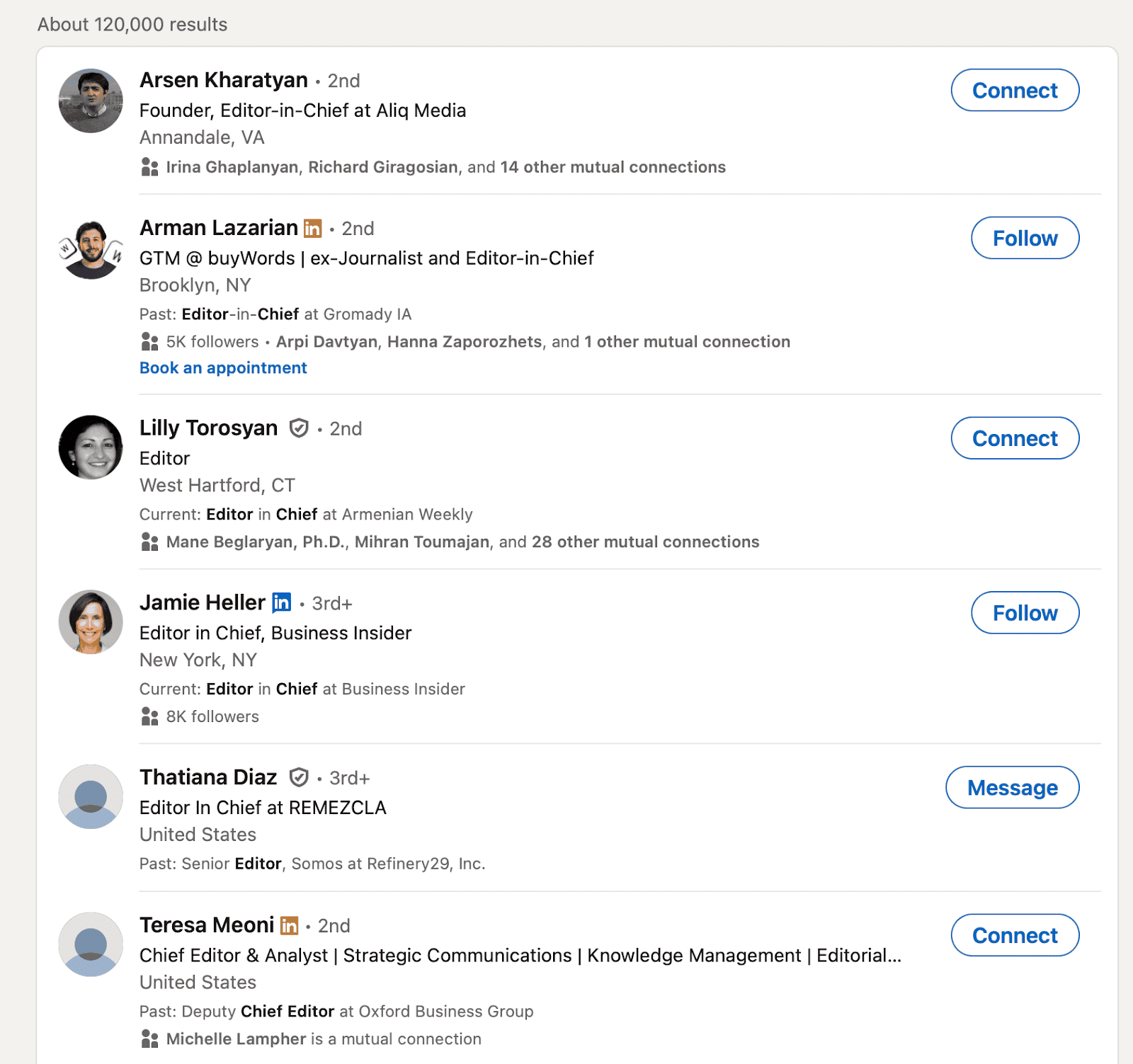 Search results that the LinkedIn bots see when finding people