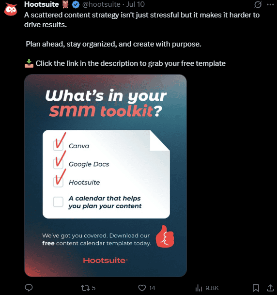 Hootsuite marketing content on their X account promoting their brand 